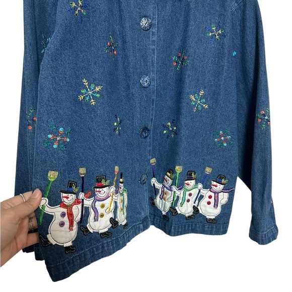 Christmas Holiday 100% Cotton Denim Blue Jacket Snowman Snowflake | Size Medium - Picture 2 of 6